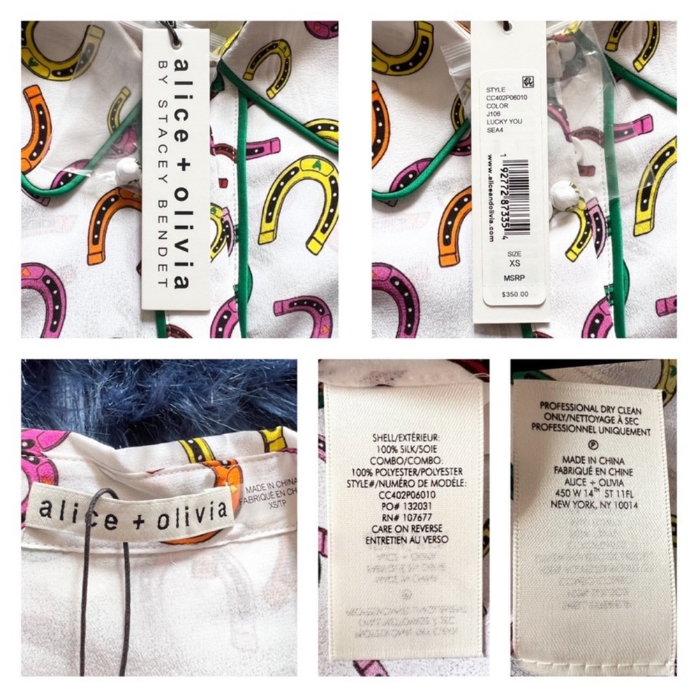 New! ALICE + OLIVIA “Lucky You” Willa Placket Horseshoe Silk Top with Piping - Picture 11 of 11